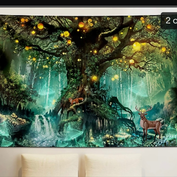 Fantasy forest tapestry wall hanging waterfalls under tree of life 90 x 60 in. - Picture 2 of 6
